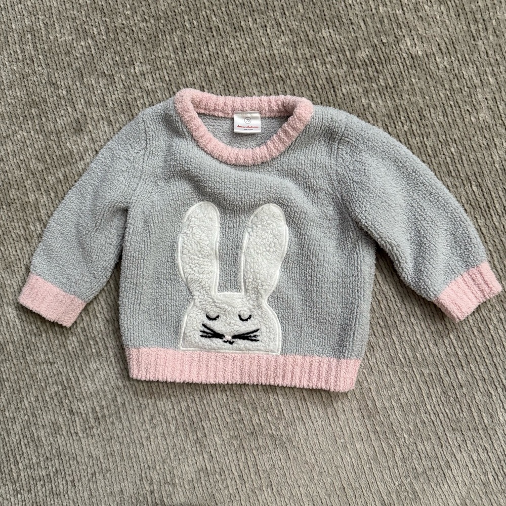 Hanna Andersson Bunny Sherpa Pullover Sweater Gray Pink Baby Size 70cm 6-12m